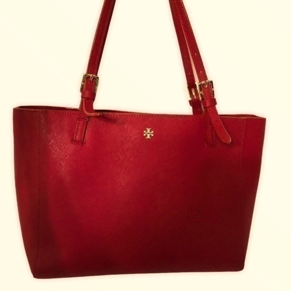 Tory Burch red saffiano leather tote bag